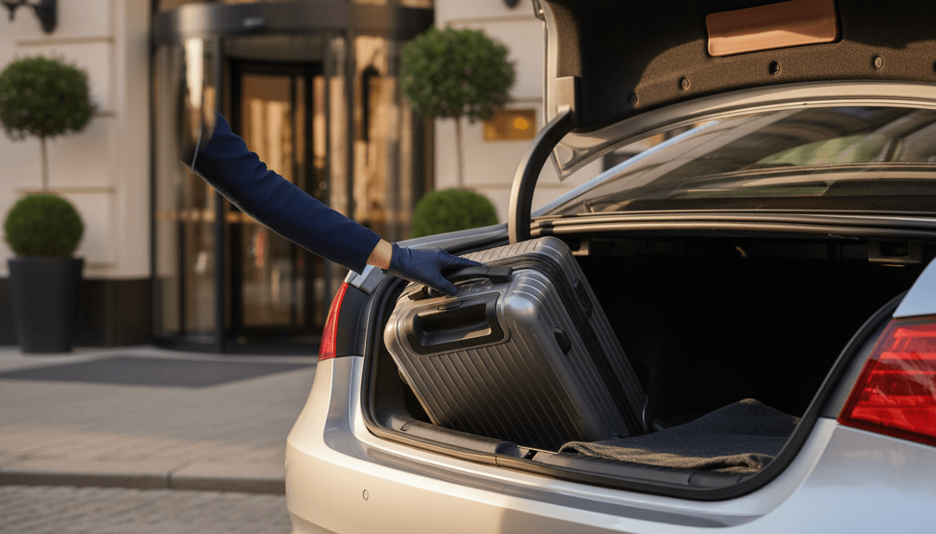 Driver carefully loading passenger luggage into transfer vehicle