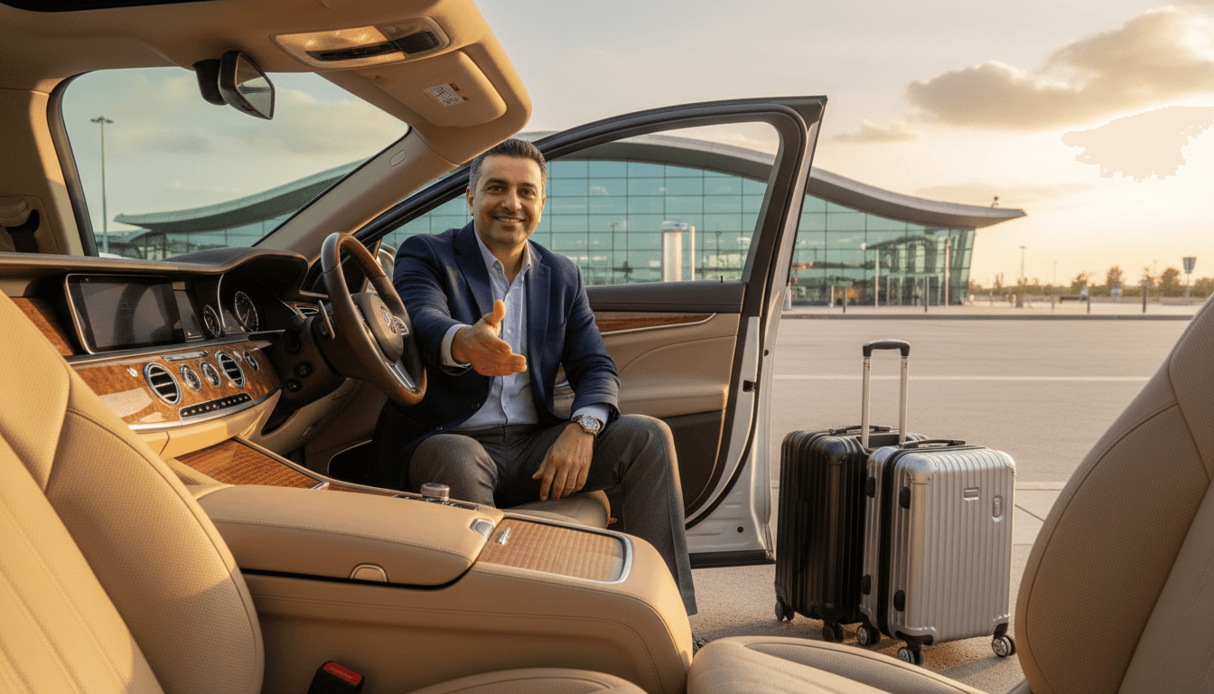 Professional driver greeting passenger at airport terminal near luxury vehicle