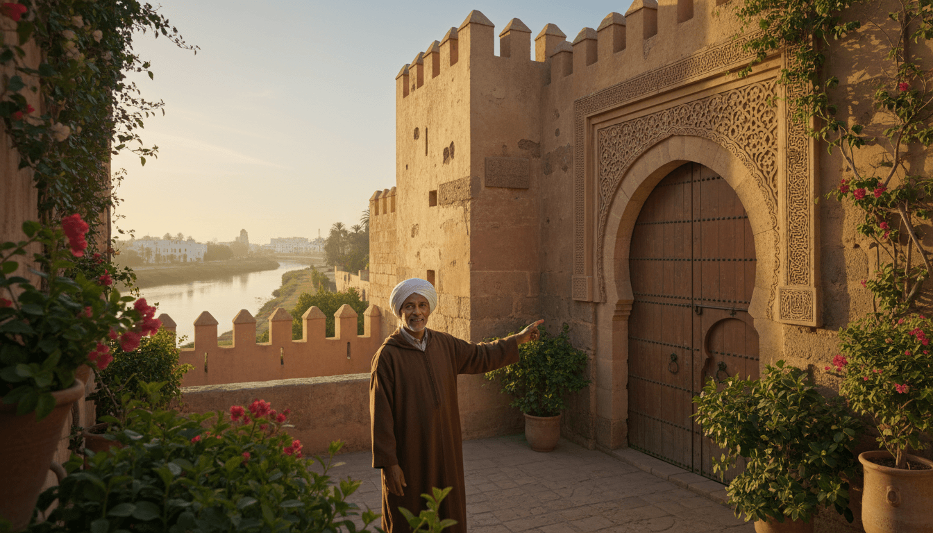 Rabat Kasbah traditional walls and gates with morning light and river views
