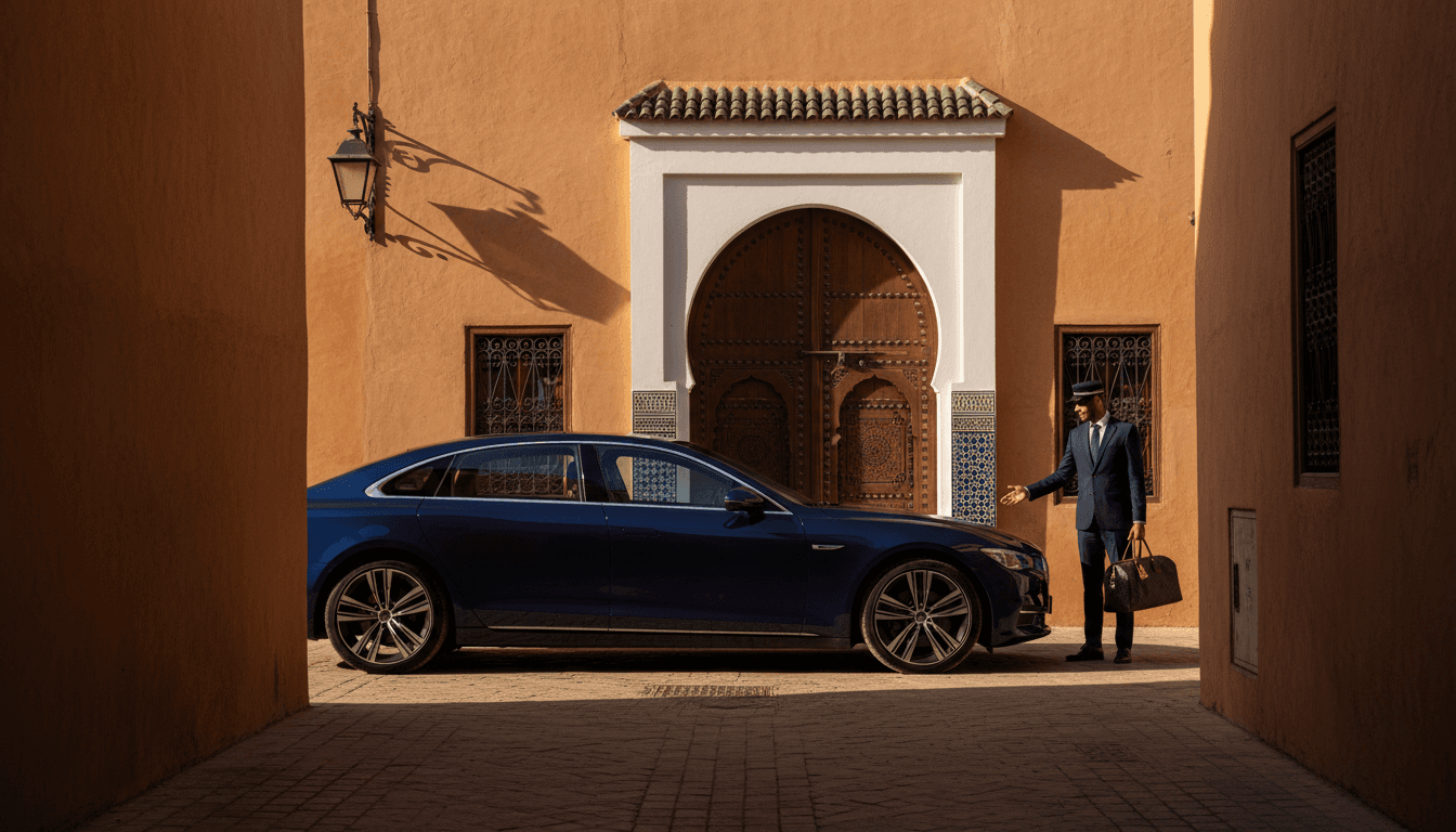 Professional driver welcoming guests beside luxury vehicle in front of traditional Moroccan riad