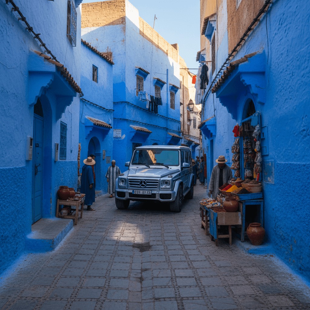 Luxury vehicle navigating Chefchaouen's historic streets
