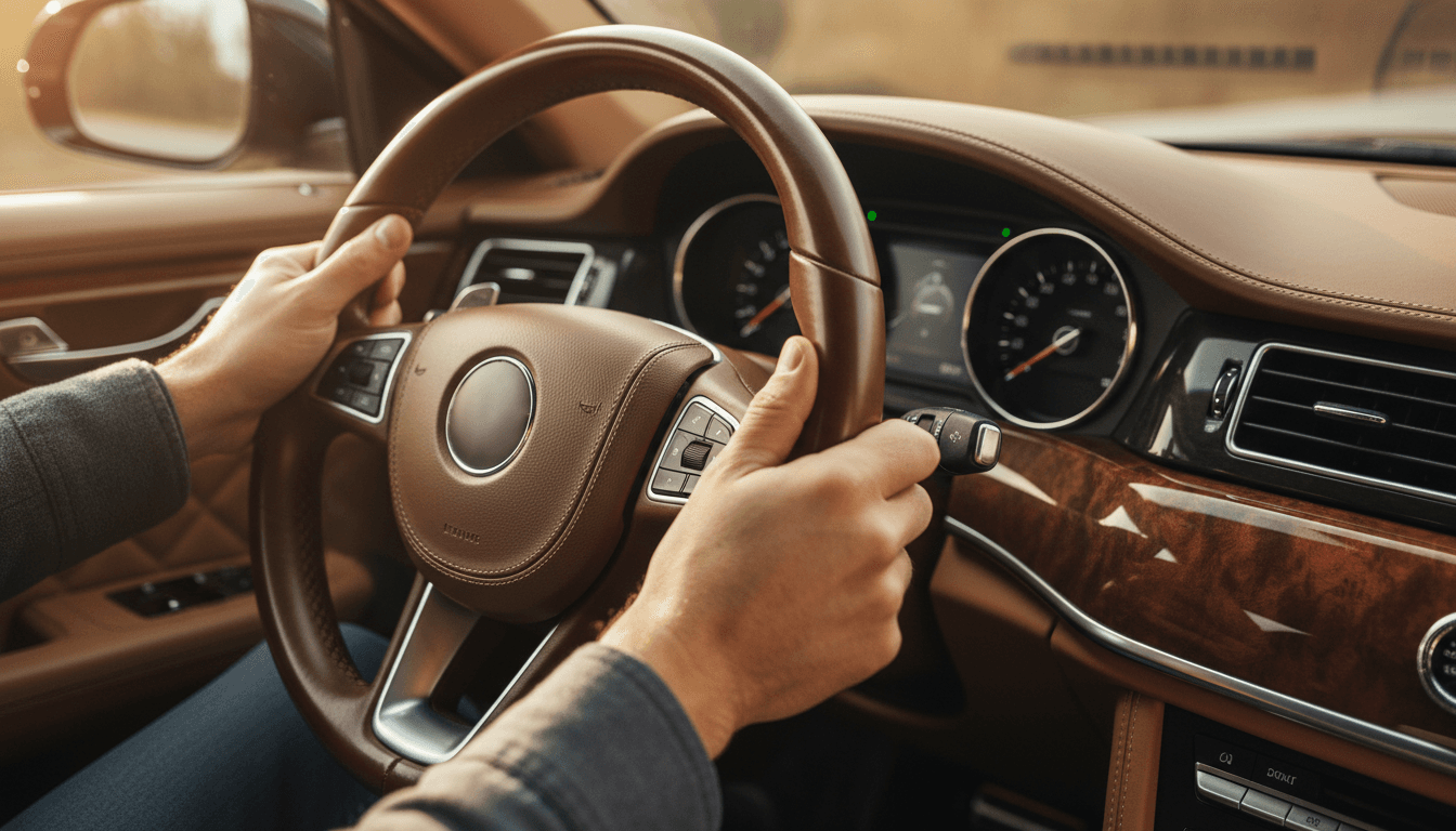 Close-up detail of premium vehicle interior and professional driver hands on steering wheel