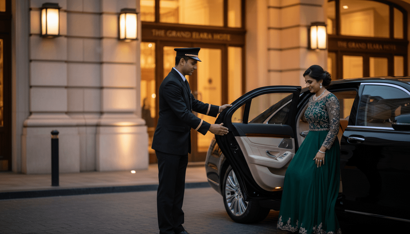 Chauffeur providing professional VIP service to hotel guest