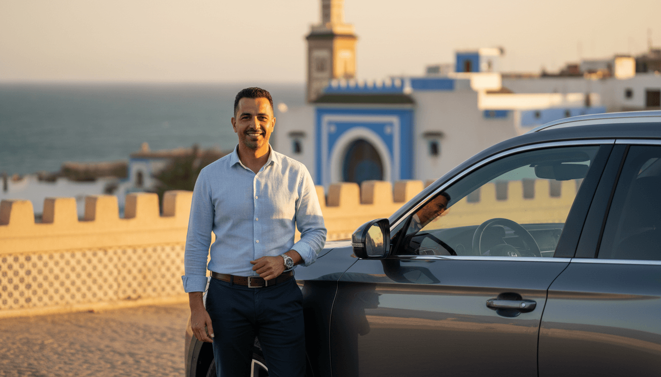 Abdsalam Sefiani, founder of Luxury Tours Morocco, standing beside a premium vehicle in Tangier