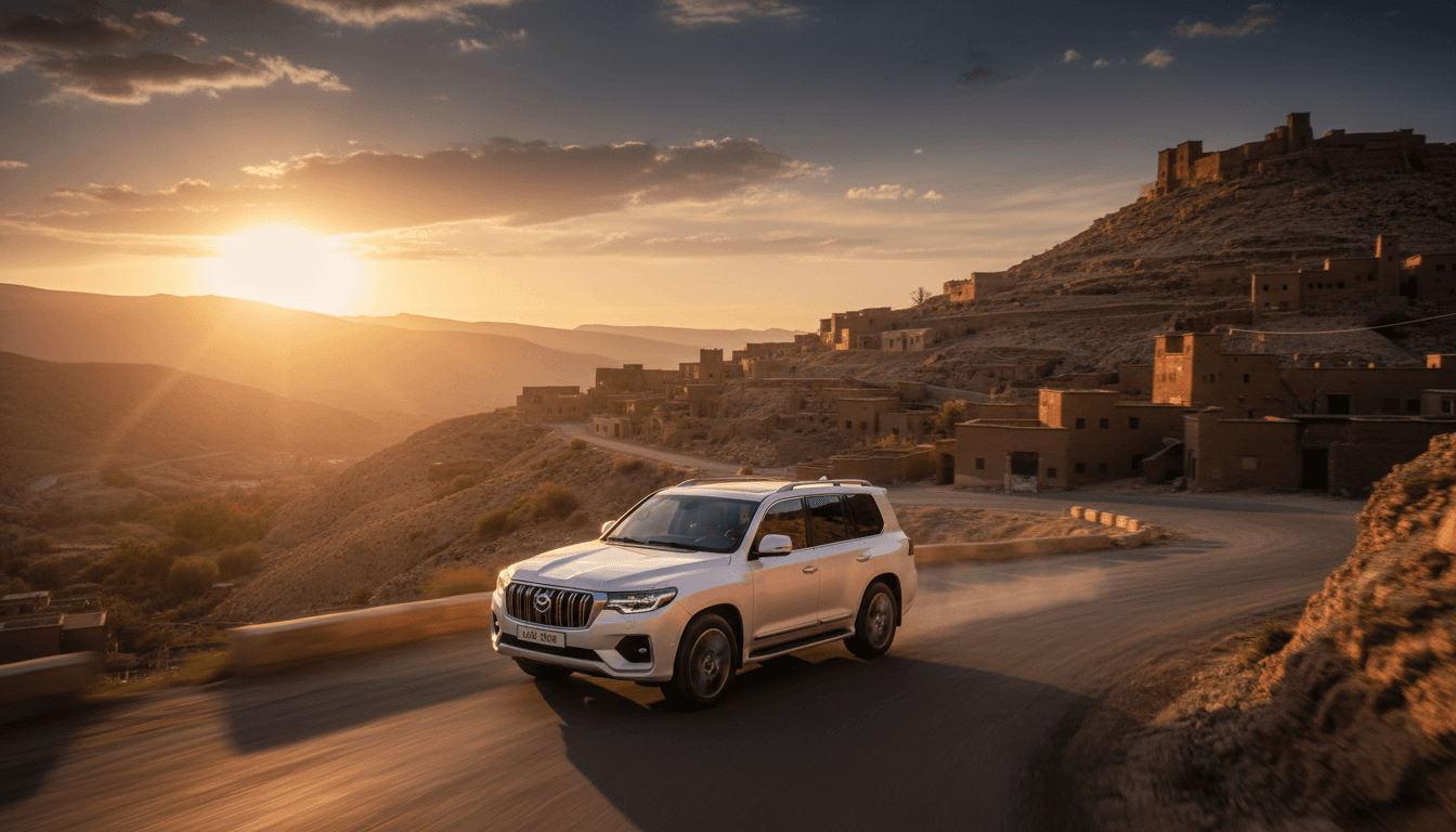 Luxury vehicle driving on a winding mountain road in Morocco during golden hour