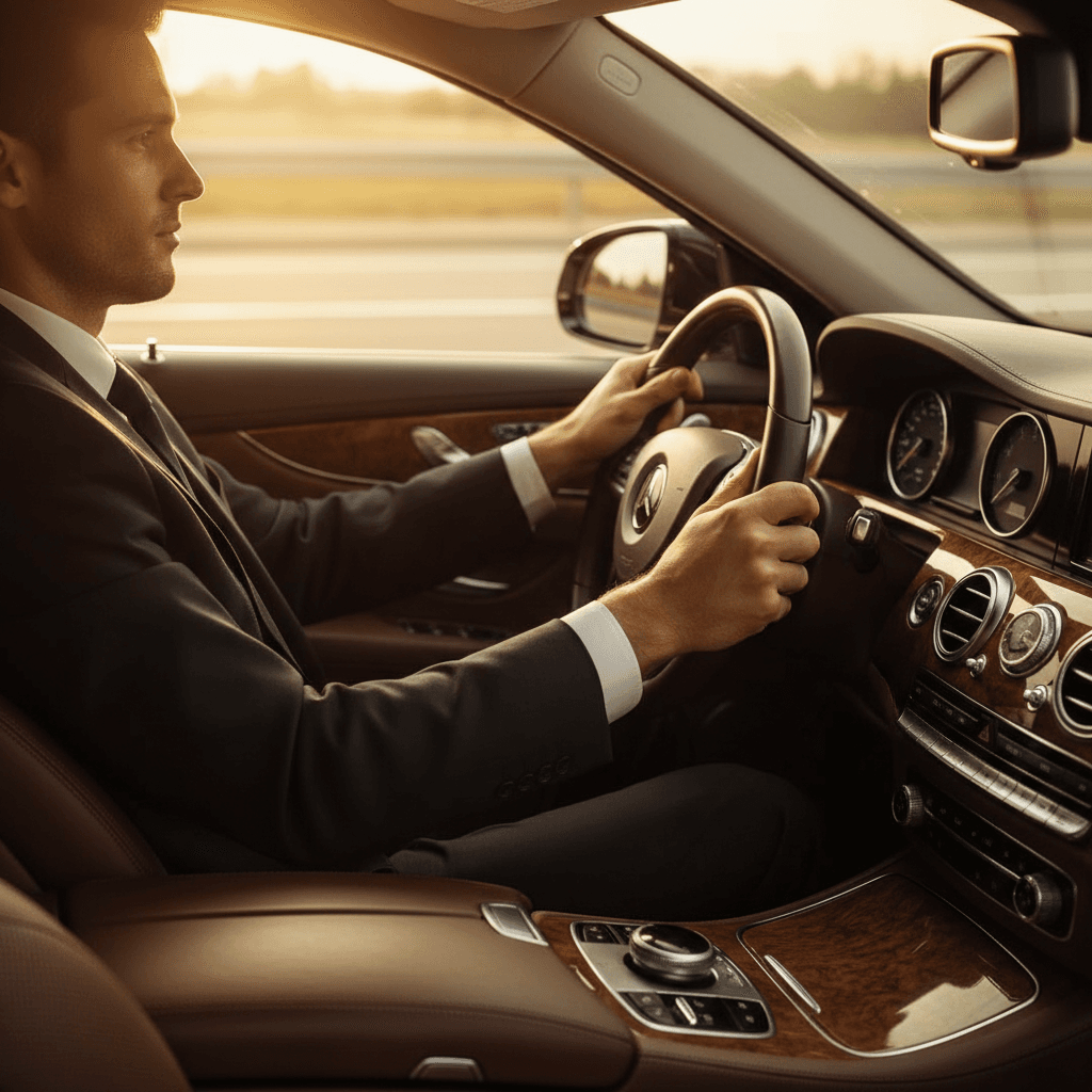 Professional driver at the wheel of luxury sedan