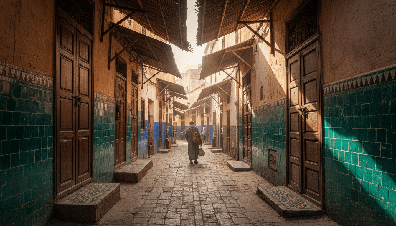 Fes medina alleyway with traditional architecture and zellige tiles
