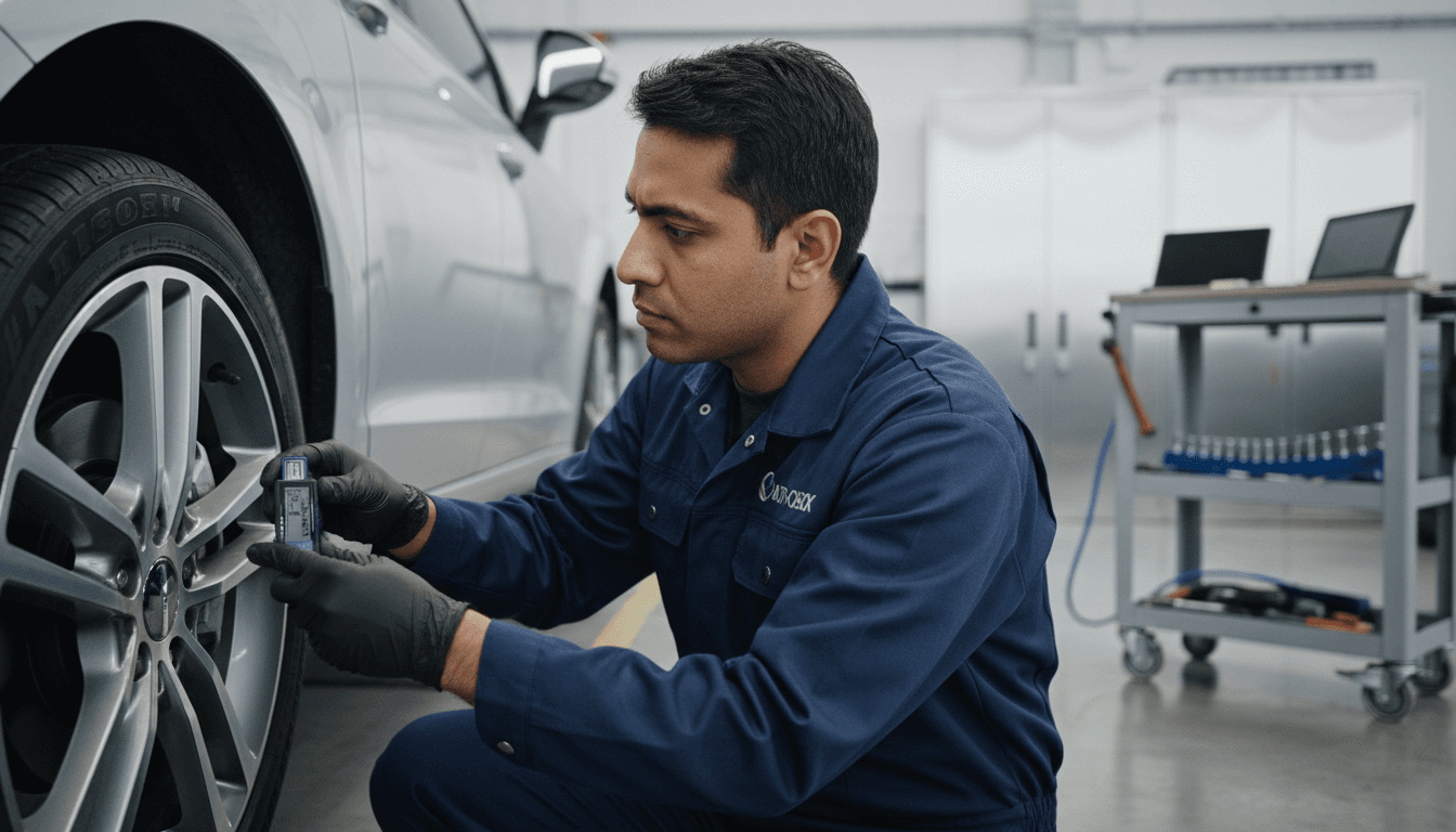 Professional technician performing vehicle safety inspection