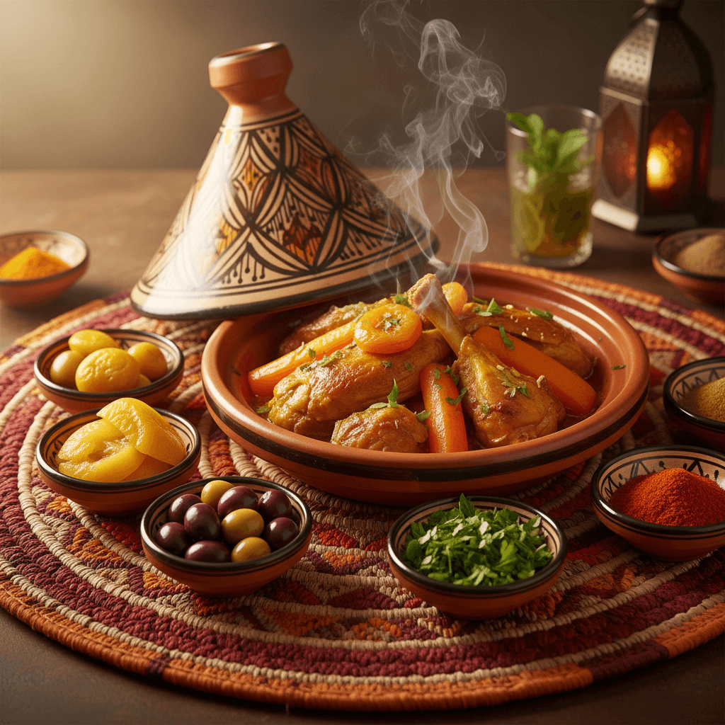 Traditional Moroccan tajine dish with fresh ingredients and spices