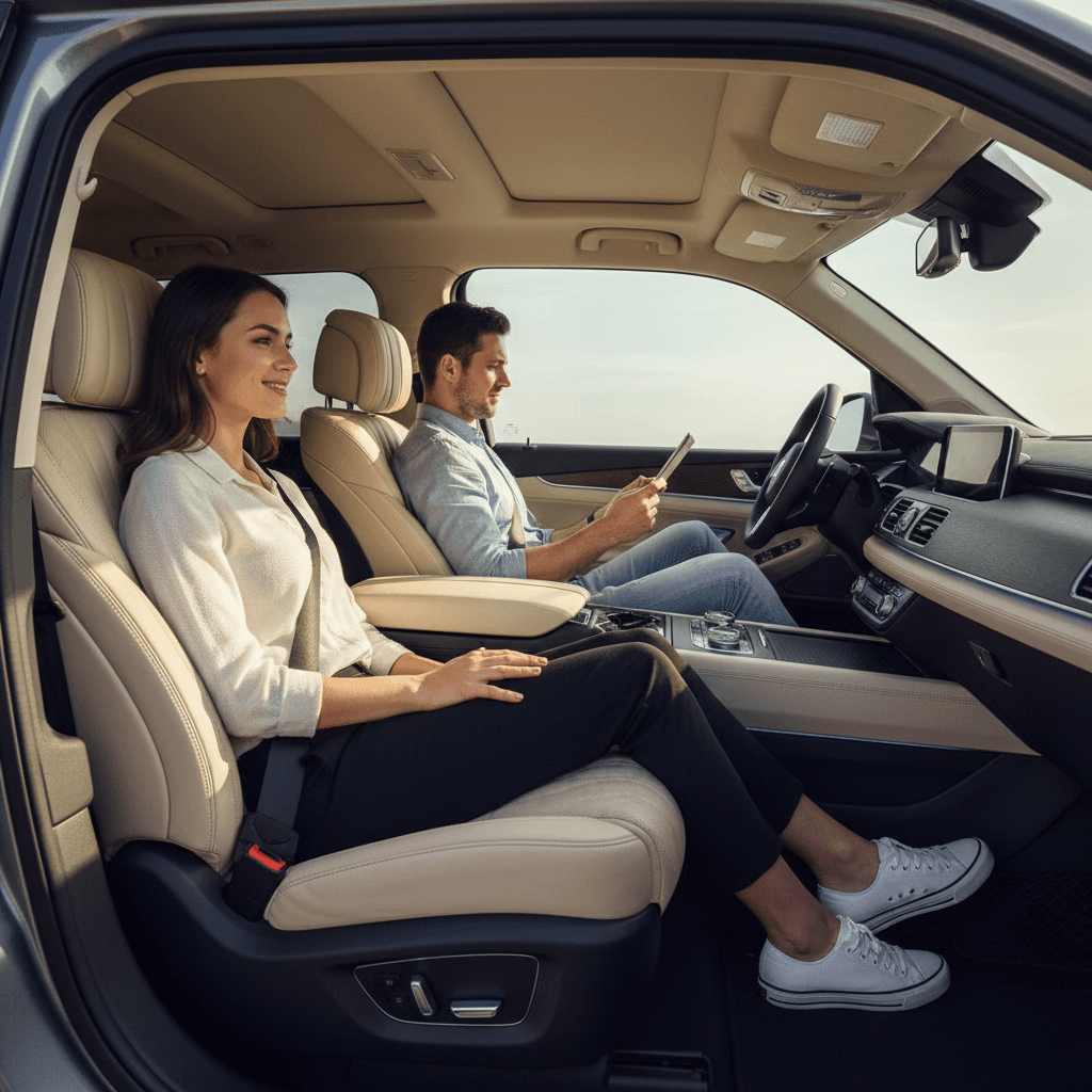 Comfortable interior seating in luxury transfer vehicle