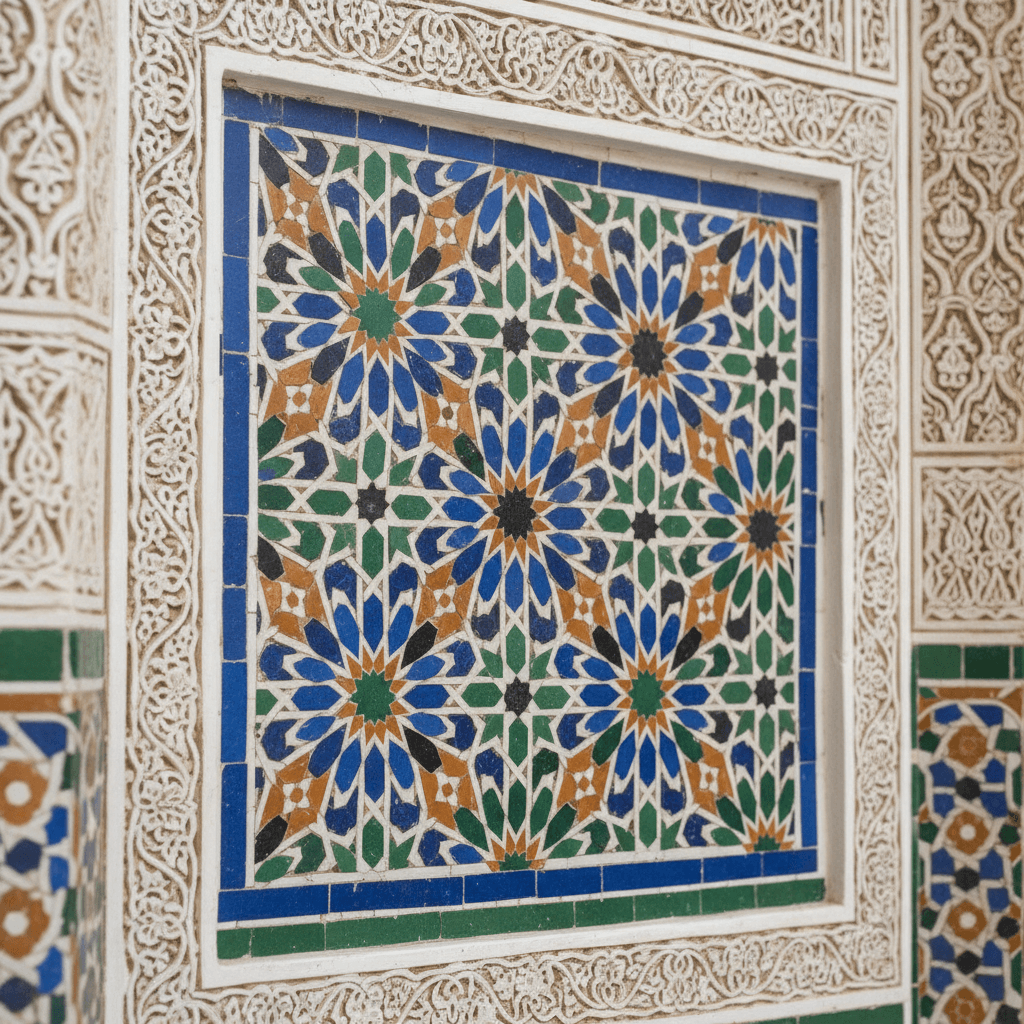 Detailed zellige tilework and carved stucco patterns in Fes