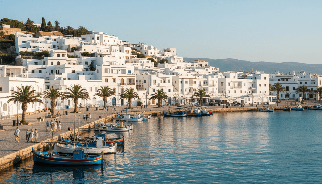 Tetouan whitewashed medina overlooking Mediterranean harbor and boats