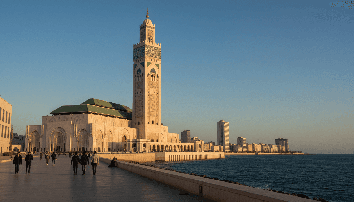 Casablanca Hassan II Mosque and ocean waterfront