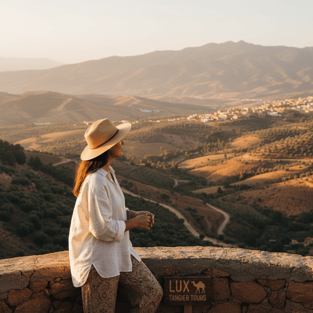 Traveler enjoying panoramic mountain views between Moroccan cities