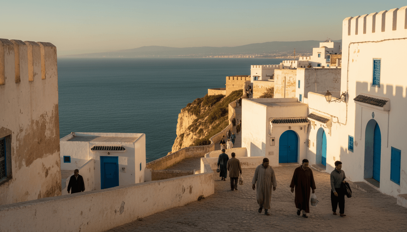 Tangier medina and Strait of Gibraltar coastal view