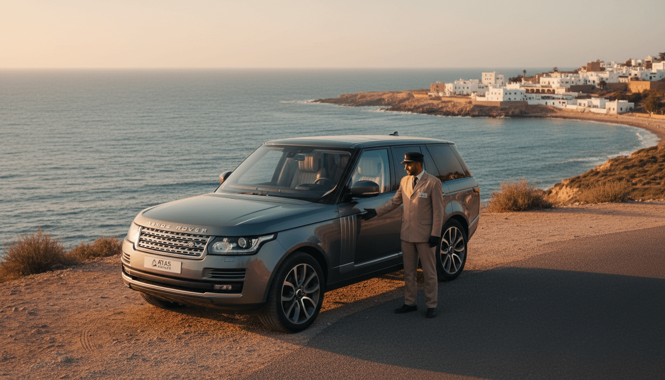 Luxury transfer vehicle on Moroccan coastal road with professional driver