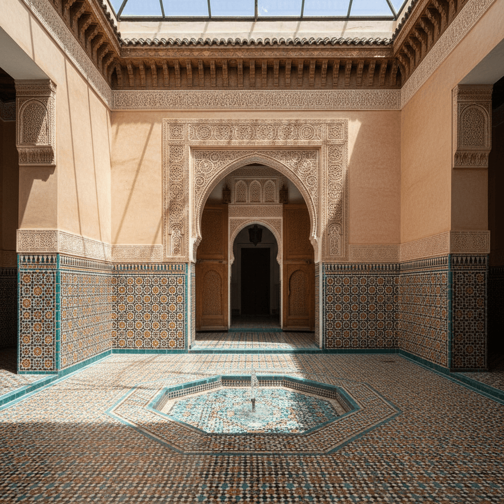 Ornate Moroccan riad courtyard with intricate zellige tilework and carved archways