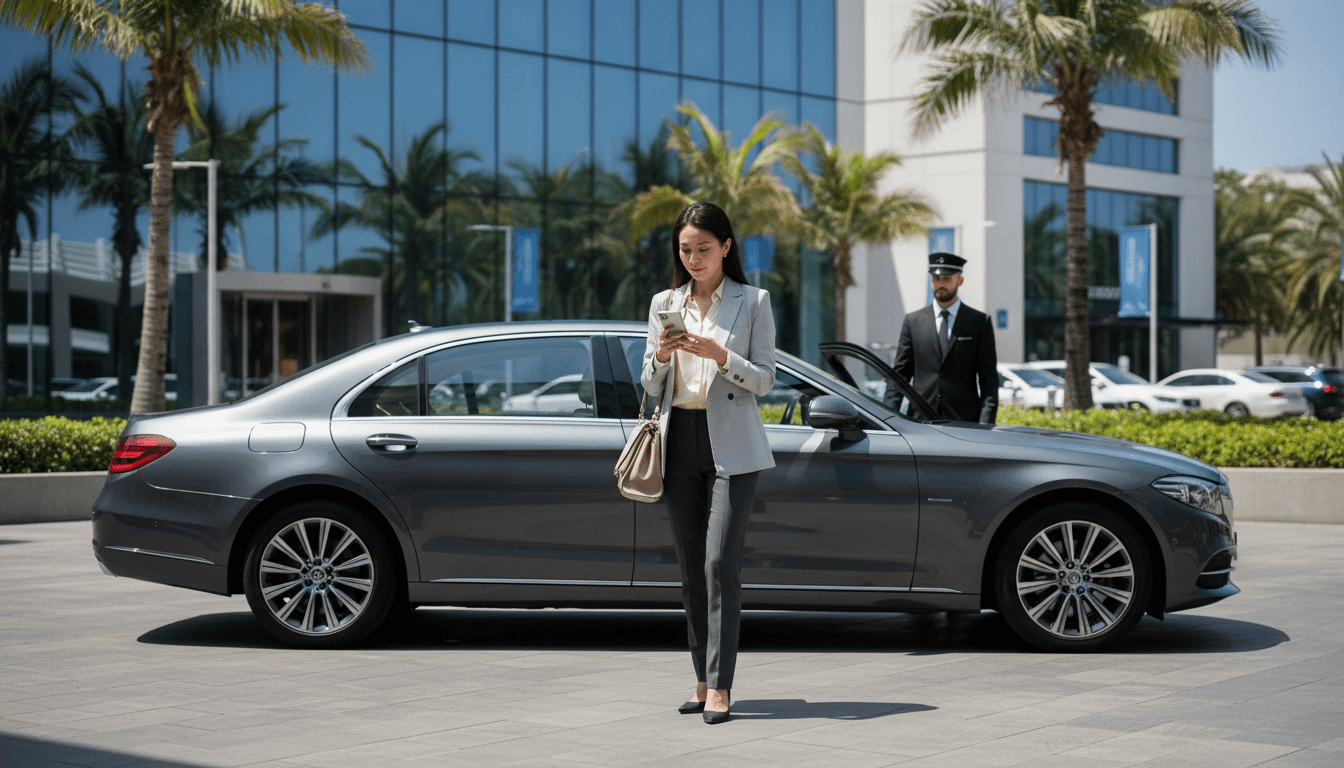 Traveler coordinating flexible scheduling with responsive luxury transfer service