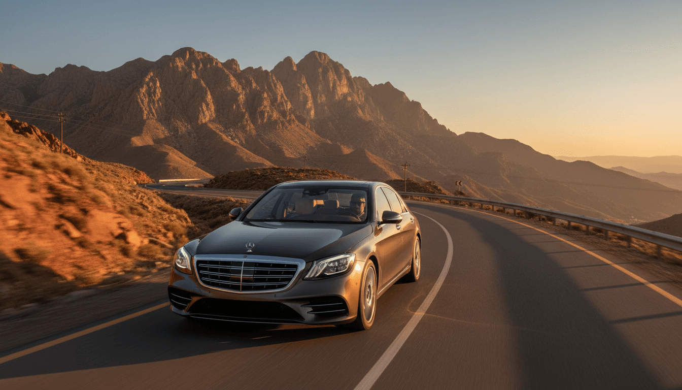 Luxury sedan driving through scenic mountain roads in Morocco at golden hour