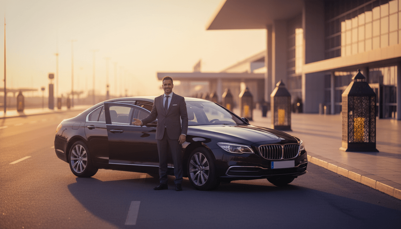 Professional driver standing at premium sedan at Tangier Airport, ready to welcome passengers