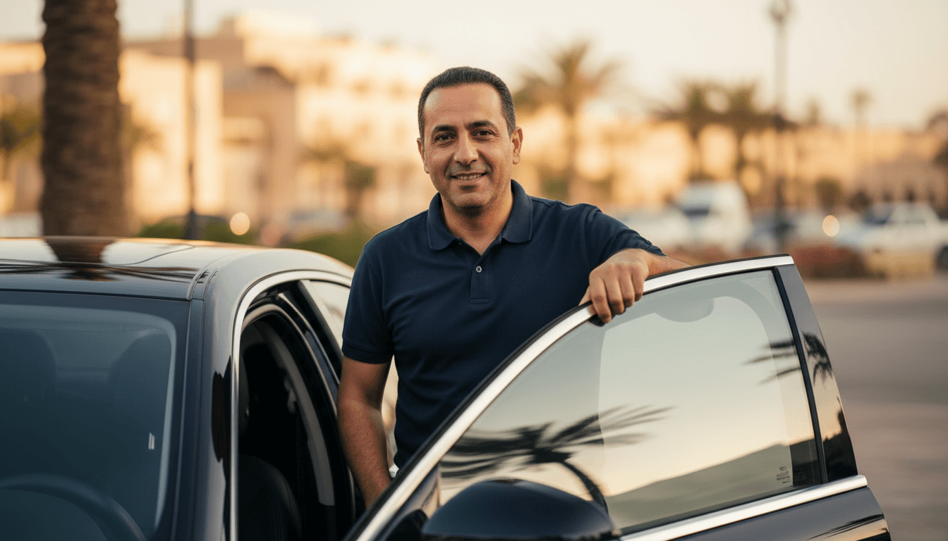 Professional driver standing beside premium transfer vehicle