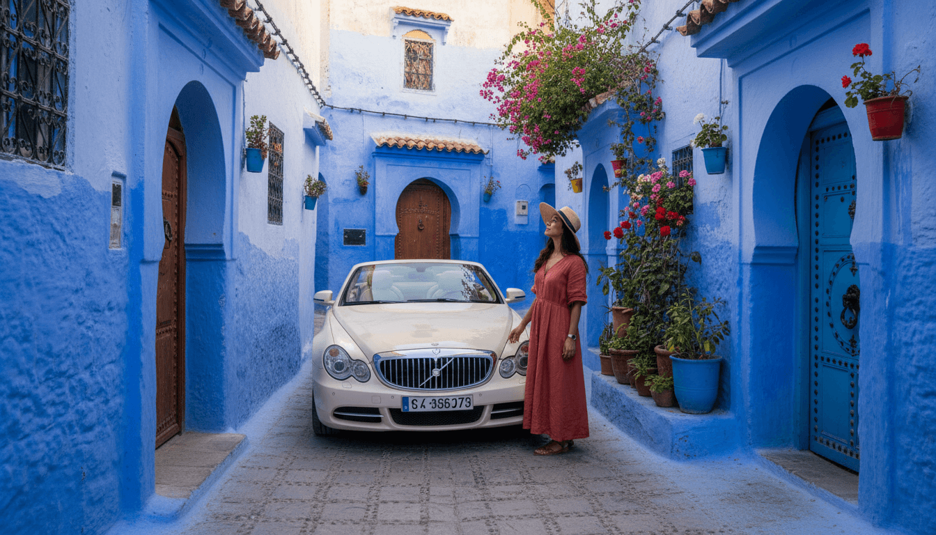 Passenger exploring historic medina streets in Chefchaouen from luxury vehicle
