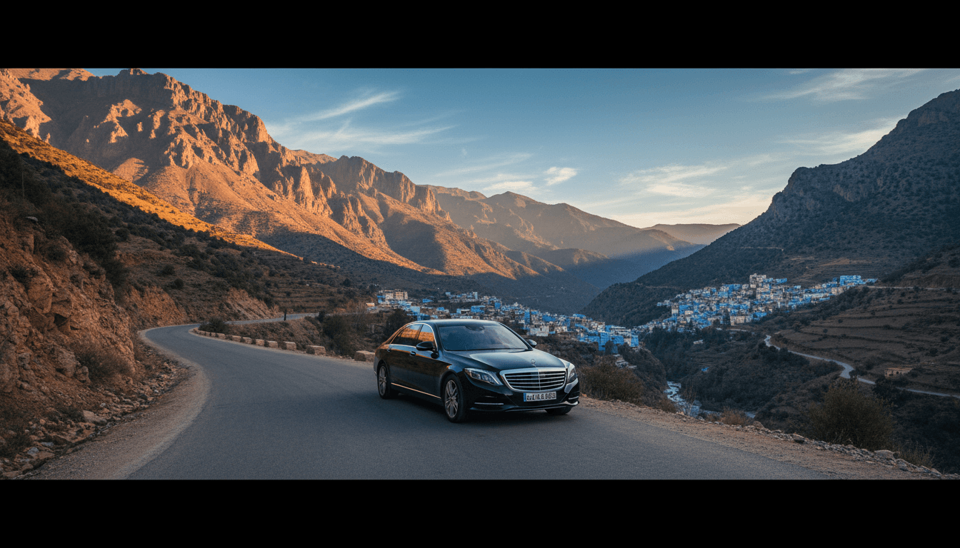 Luxury vehicle on mountain road leading to Chefchaouen with dramatic Rif Mountains backdrop