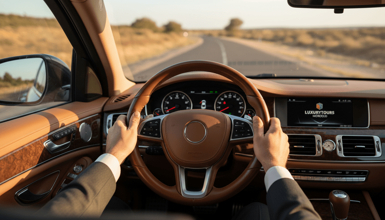 Driver's hands on steering wheel in luxury vehicle interior