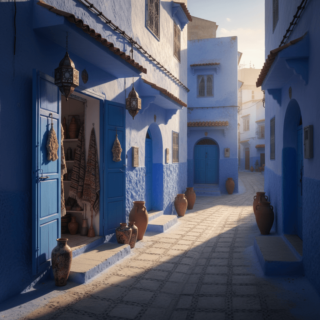 Blue medina streets of Chefchaouen with traditional architecture