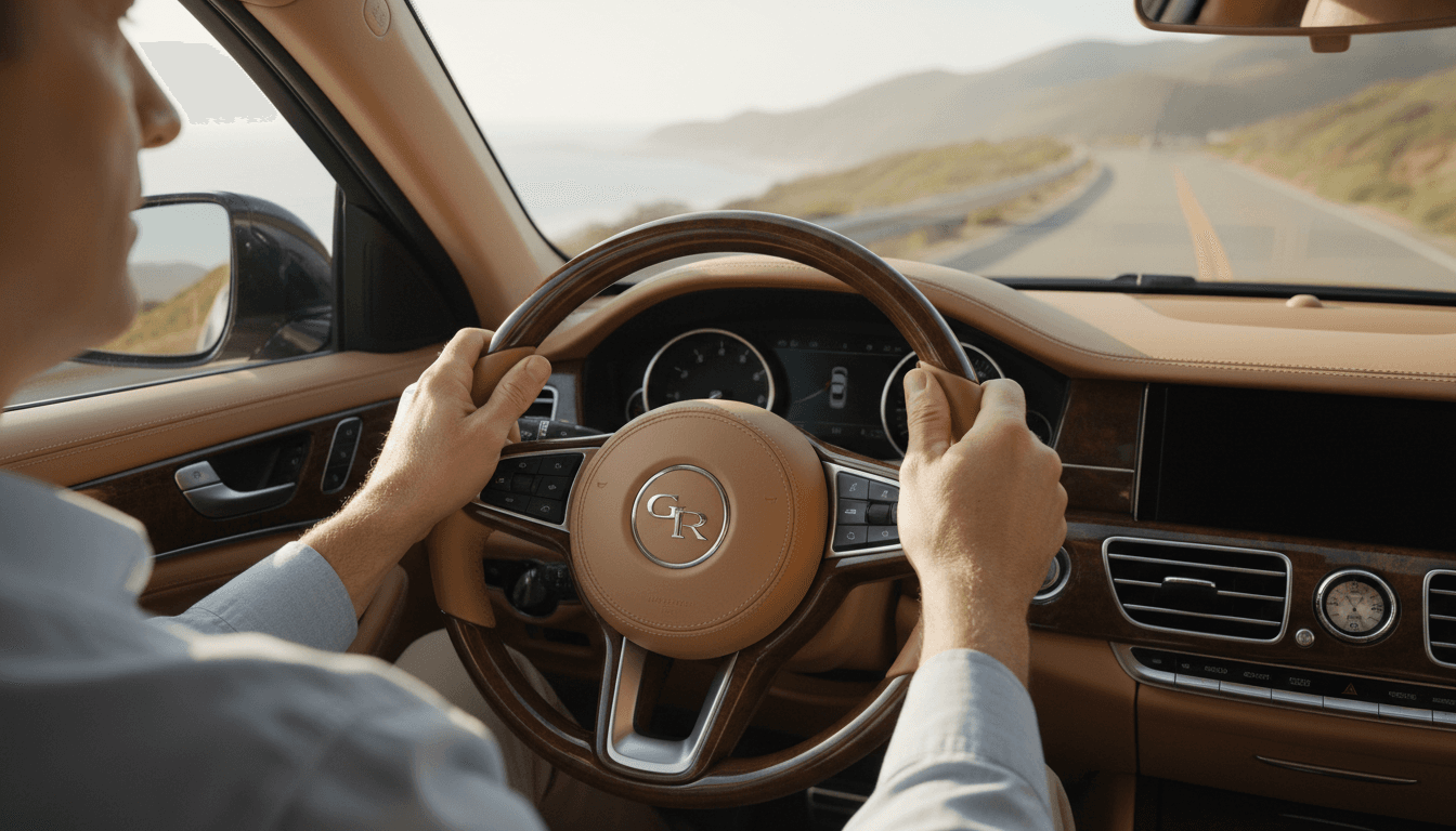 Professional driver's hands on steering wheel in luxury vehicle interior