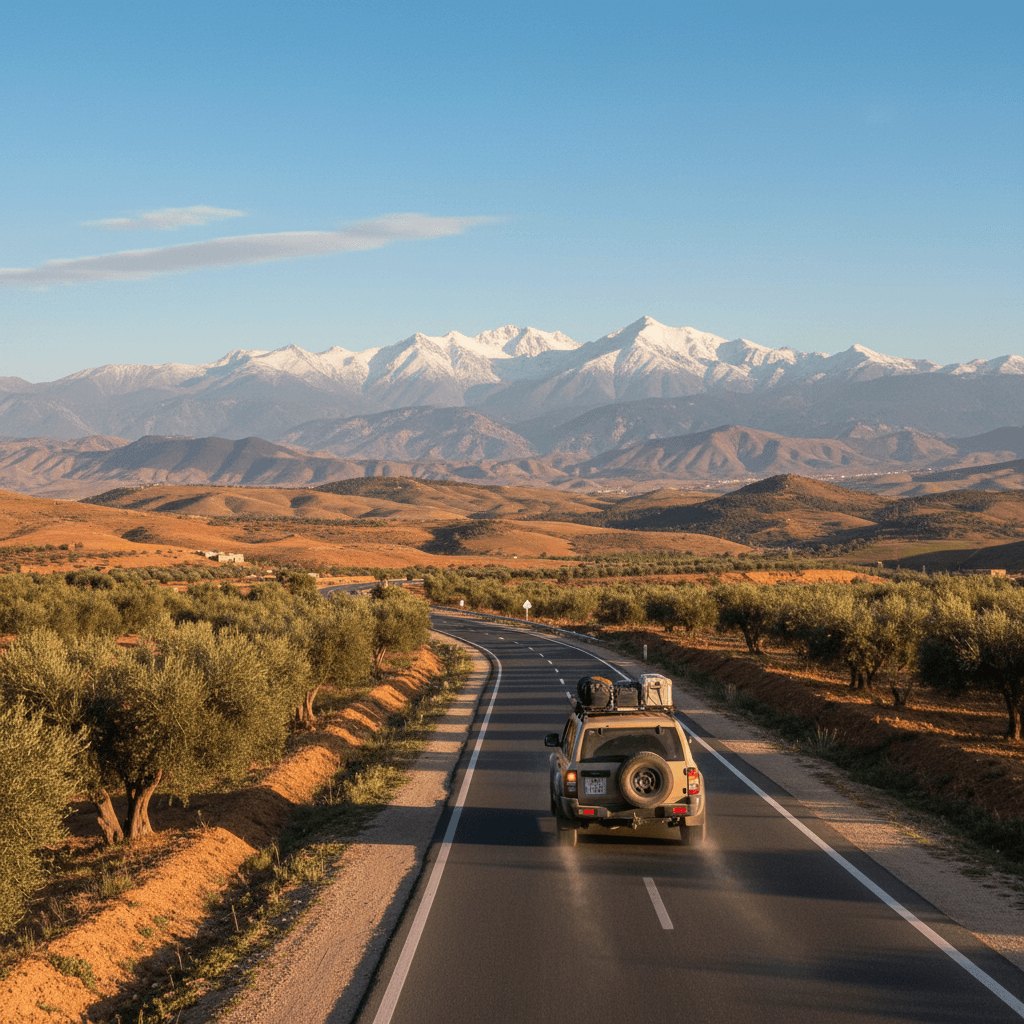 Transfer vehicle on Moroccan highway with scenic backdrop
