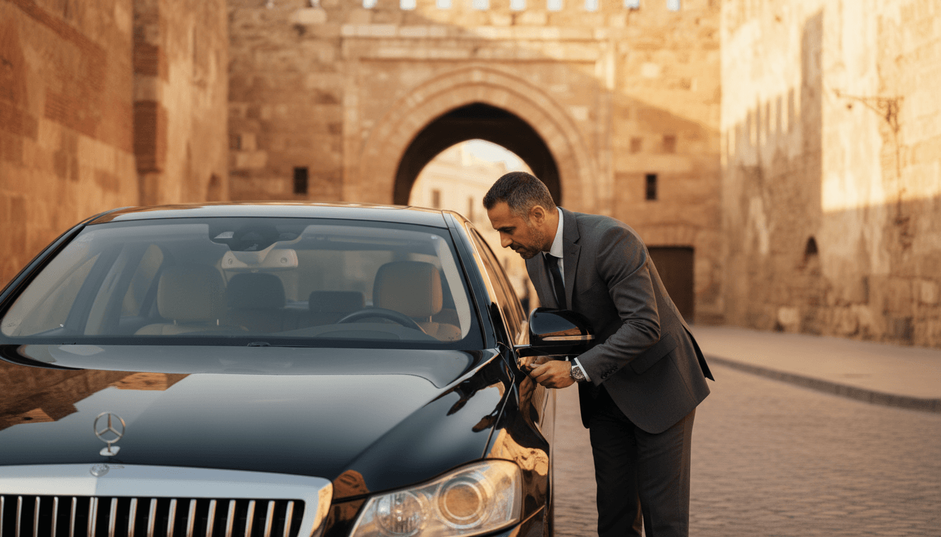 Professional driver preparing a luxury vehicle for private transfer service in Tangier