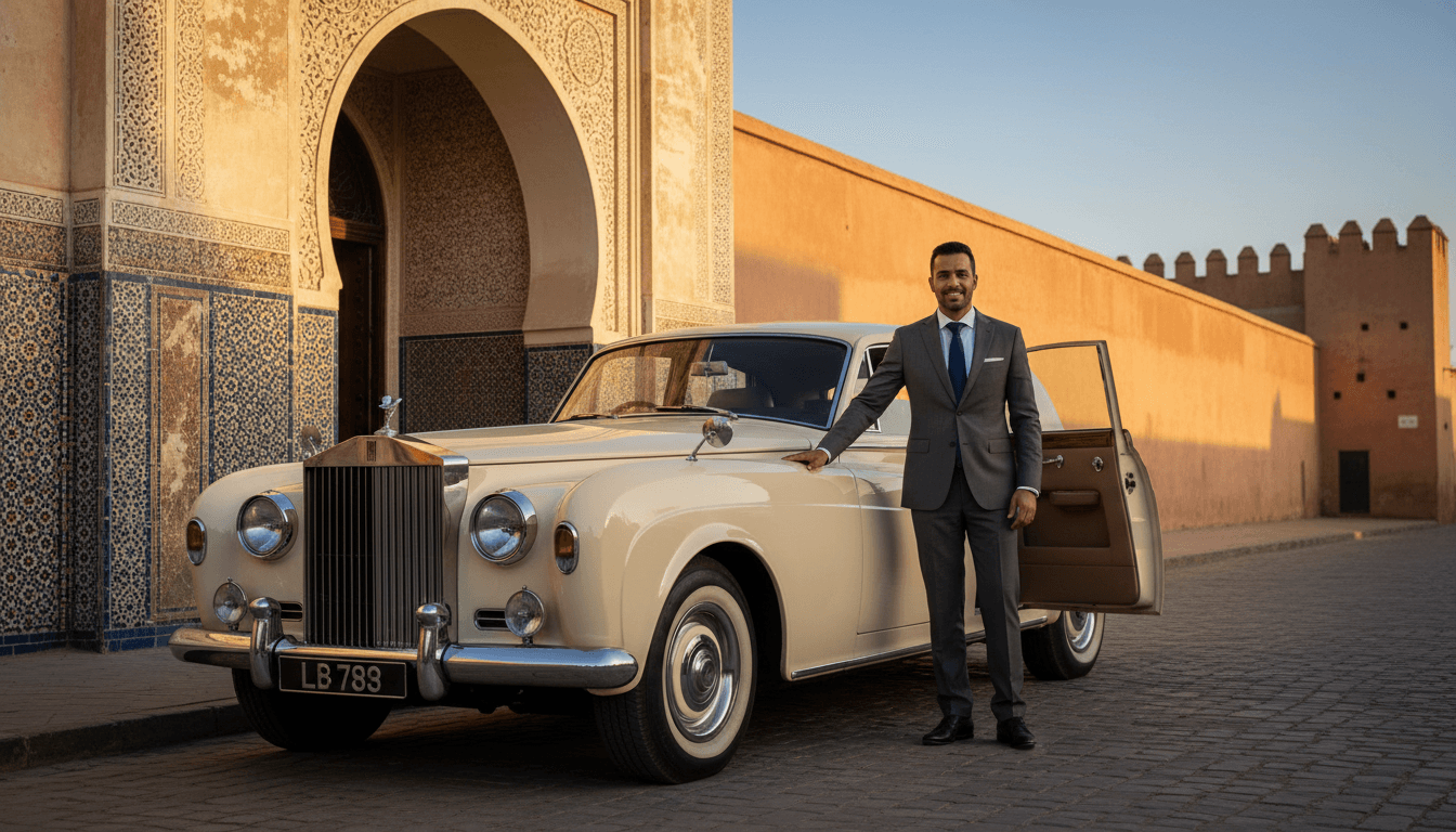 Professional driver standing beside luxury vehicle in Tangier with traditional Moroccan architecture in background