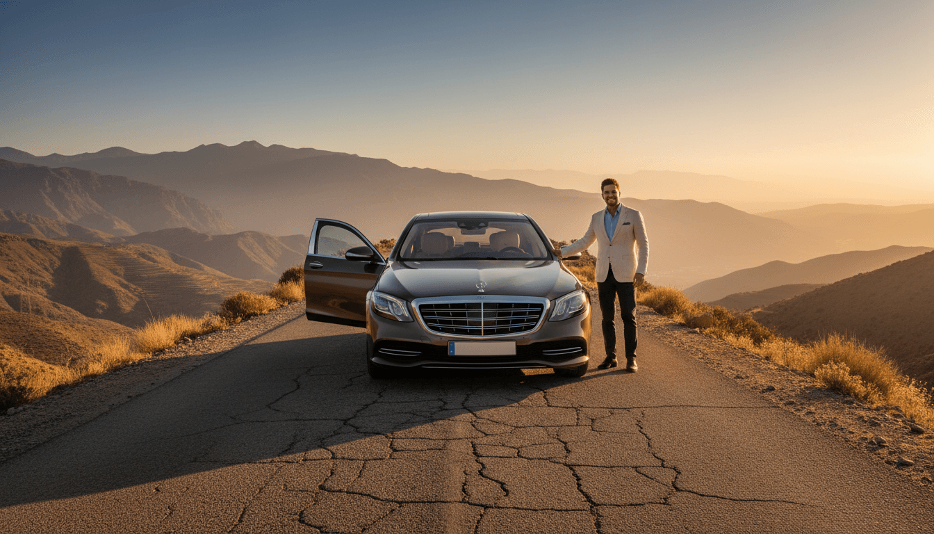 Luxury vehicle parked on a scenic Moroccan mountain road with professional driver ready for departure