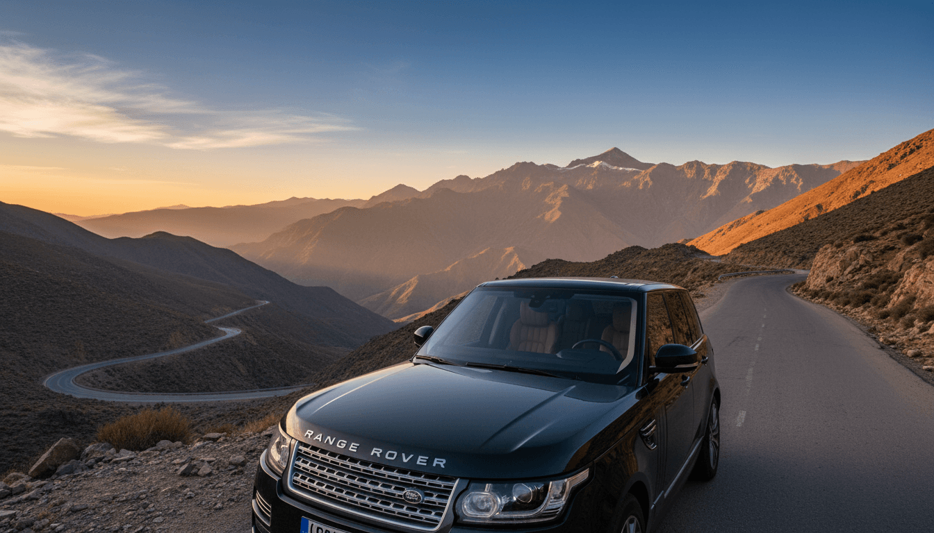 Luxury vehicle positioned on a scenic mountain road in Morocco with Atlas Mountain peaks in the background at golden hour