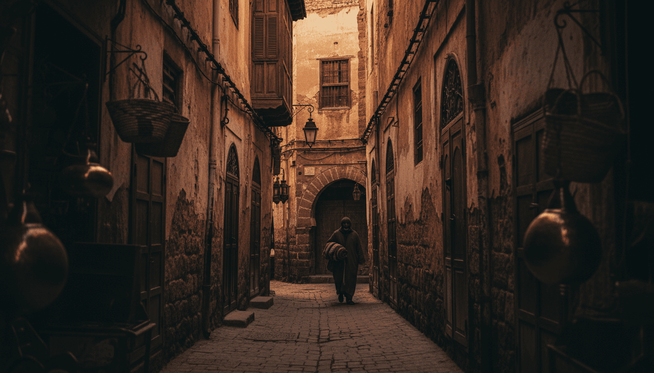 Fes medina narrow alleyway with traditional architecture and warm lighting