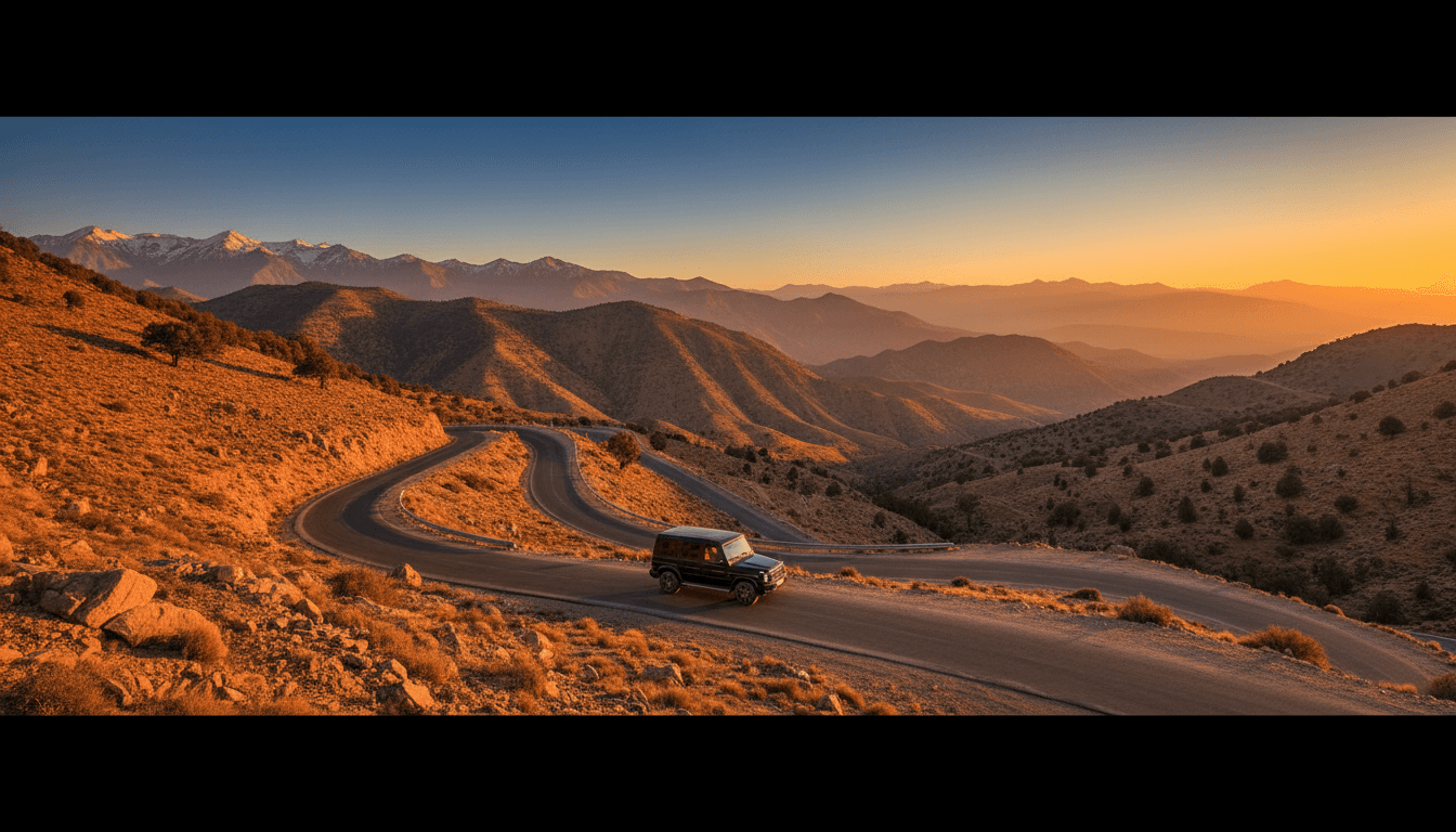 Luxury black SUV traveling through the scenic Atlas Mountains of Morocco at golden hour