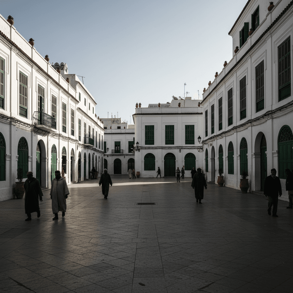 Colonial plaza in Tetouan with traditional green shutters and white buildings