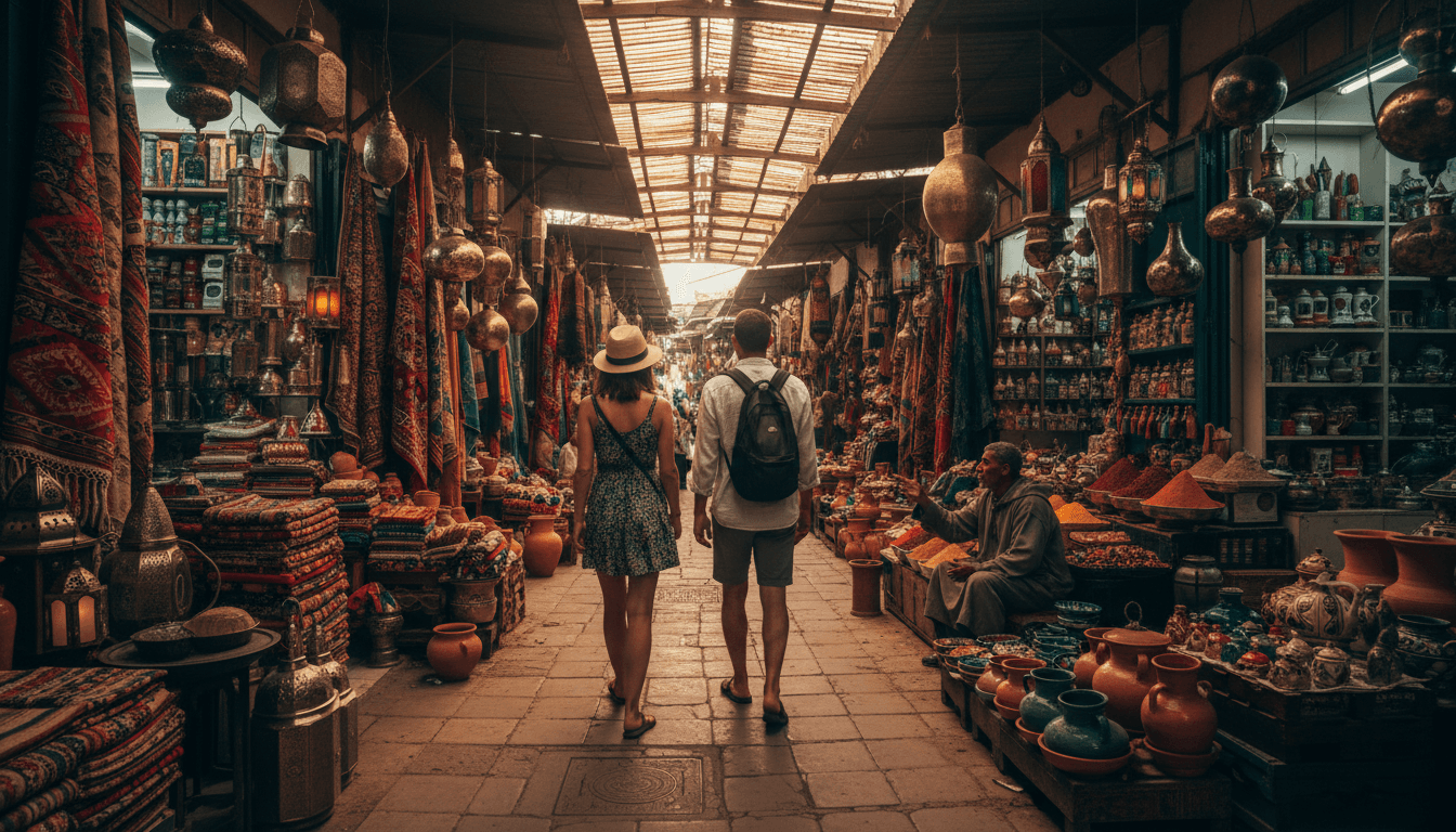 Tourists exploring colorful medina souk market with local vendors and traditional goods