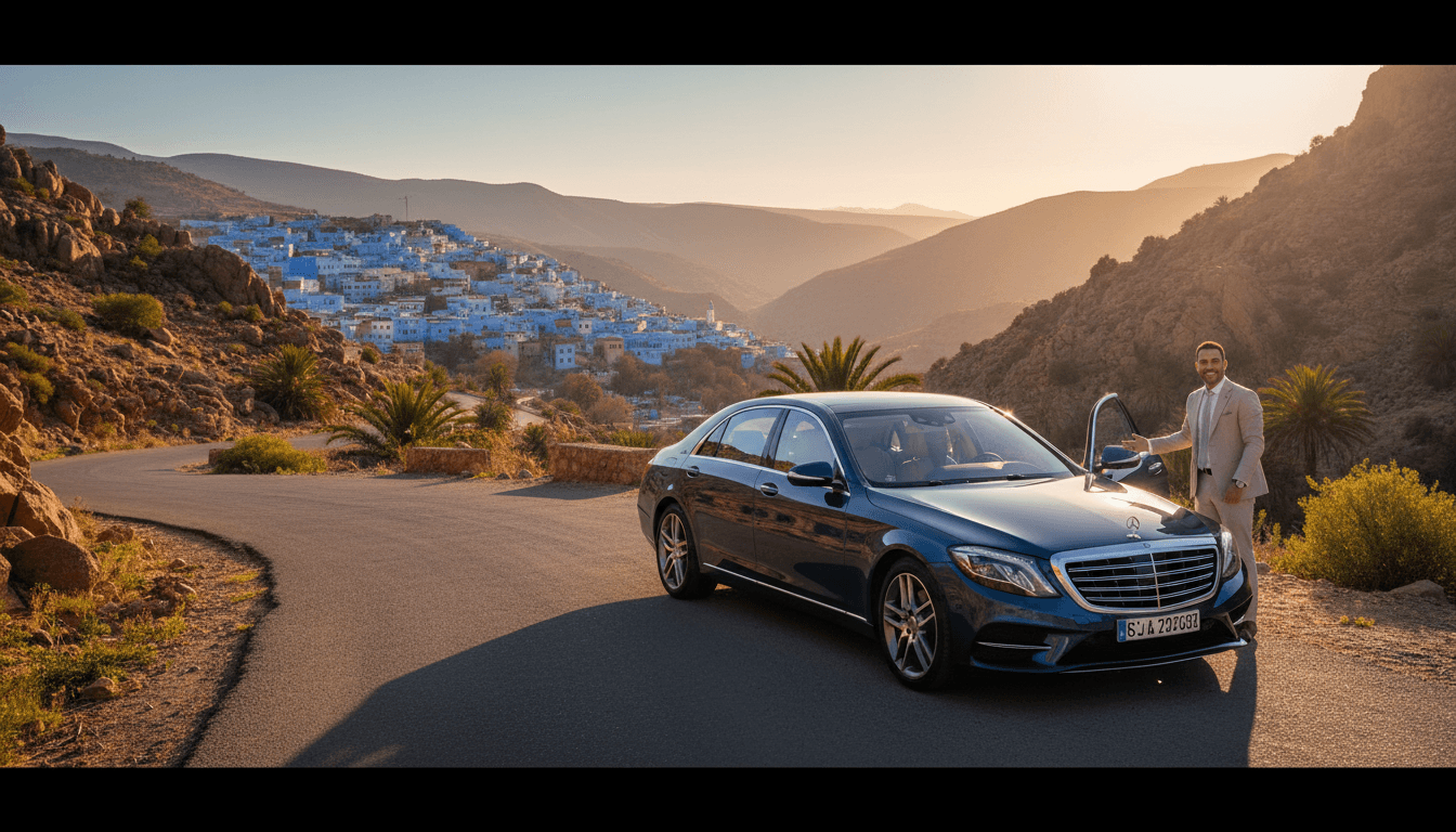 Luxury sedan parked on scenic Moroccan mountain road with Chefchaouen in background