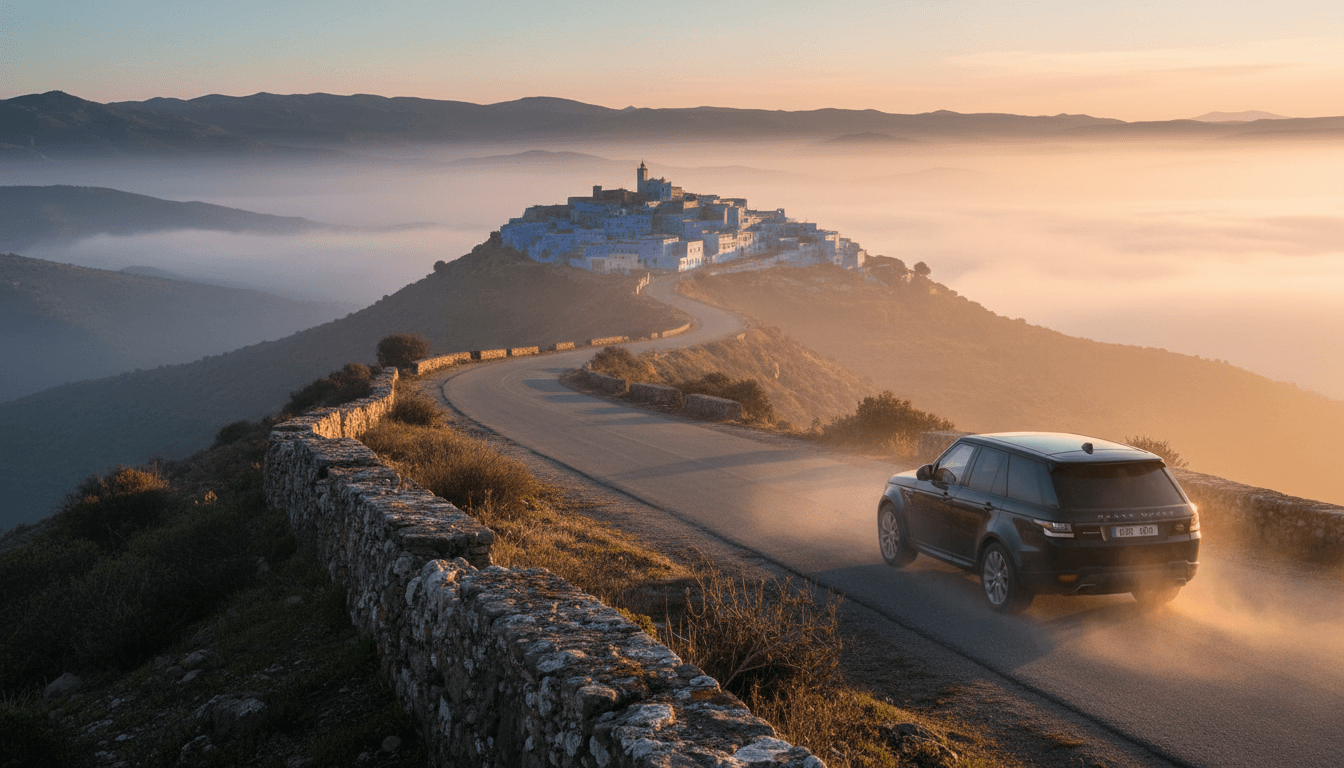 Mountain road through Northern Morocco with luxury vehicle and blue-roofed village in misty distance
