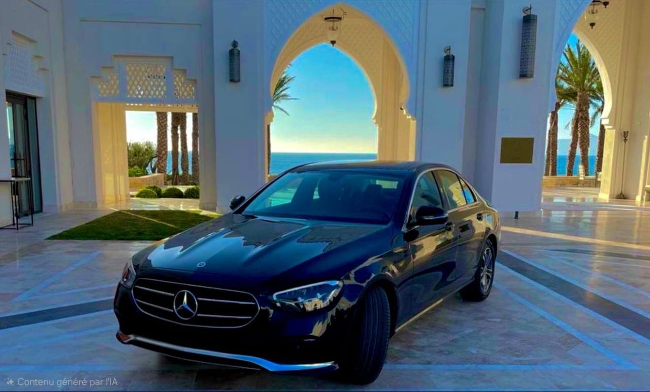 A black Mercedes-Benz sedan parked in a white arched courtyard overlooking the bright blue ocean.