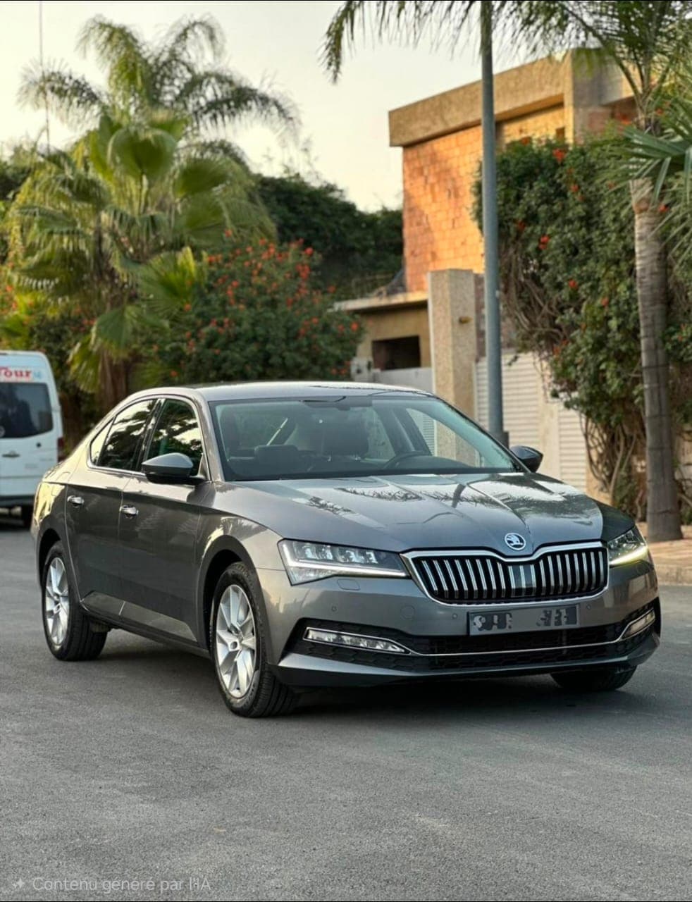 Sleek grey Skoda Superb sedan parked on a street with palm trees and buildings.