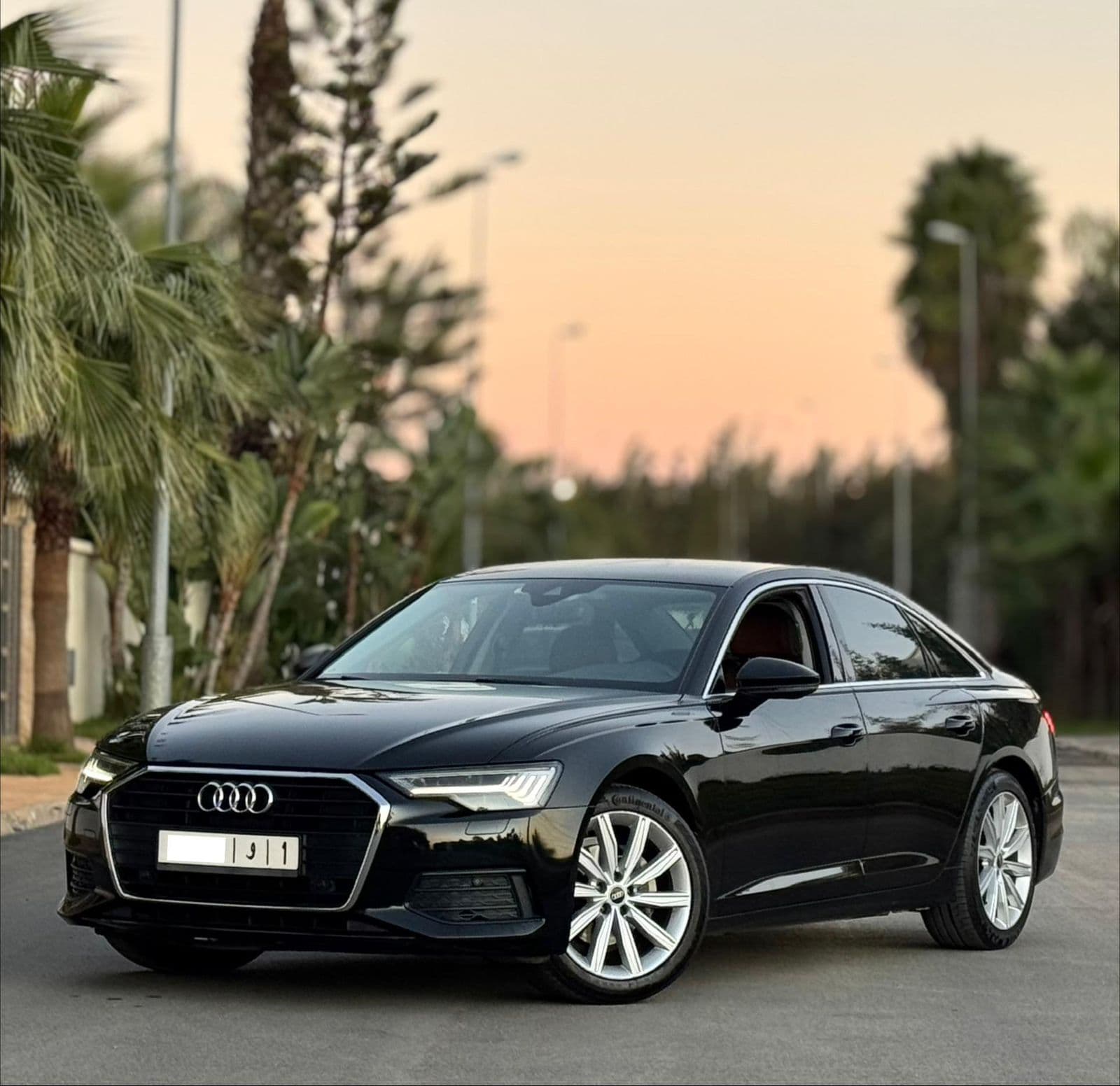 Black Audi sedan parked on a street lined with palm trees under a sunset sky.