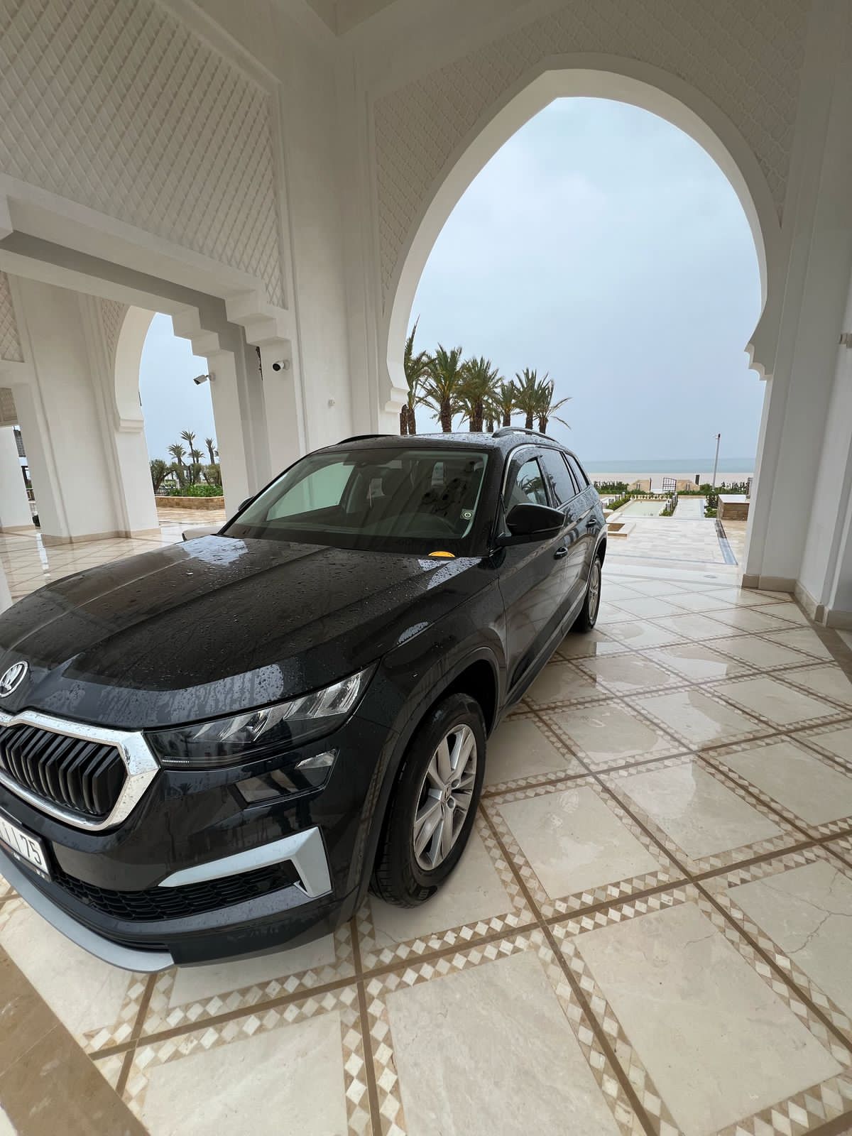 Black Skoda SUV parked under a white arched portico overlooking a beach with palm trees.