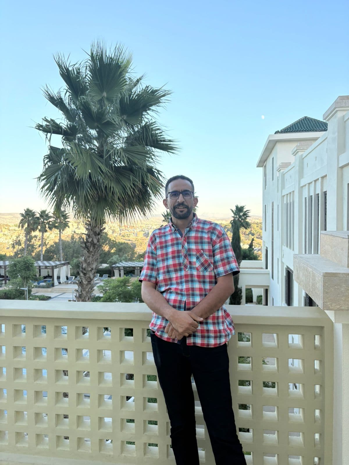 Man in a plaid shirt stands on a balcony with a palm tree and landscape.